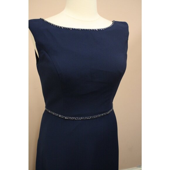 Long Crepe Navy Dress with Beaded Neckline & Waist Size 18 - Picture 3 of 11